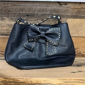 Betsey Johnson Black Studded Bow Shoulder Bag with Gold Accents